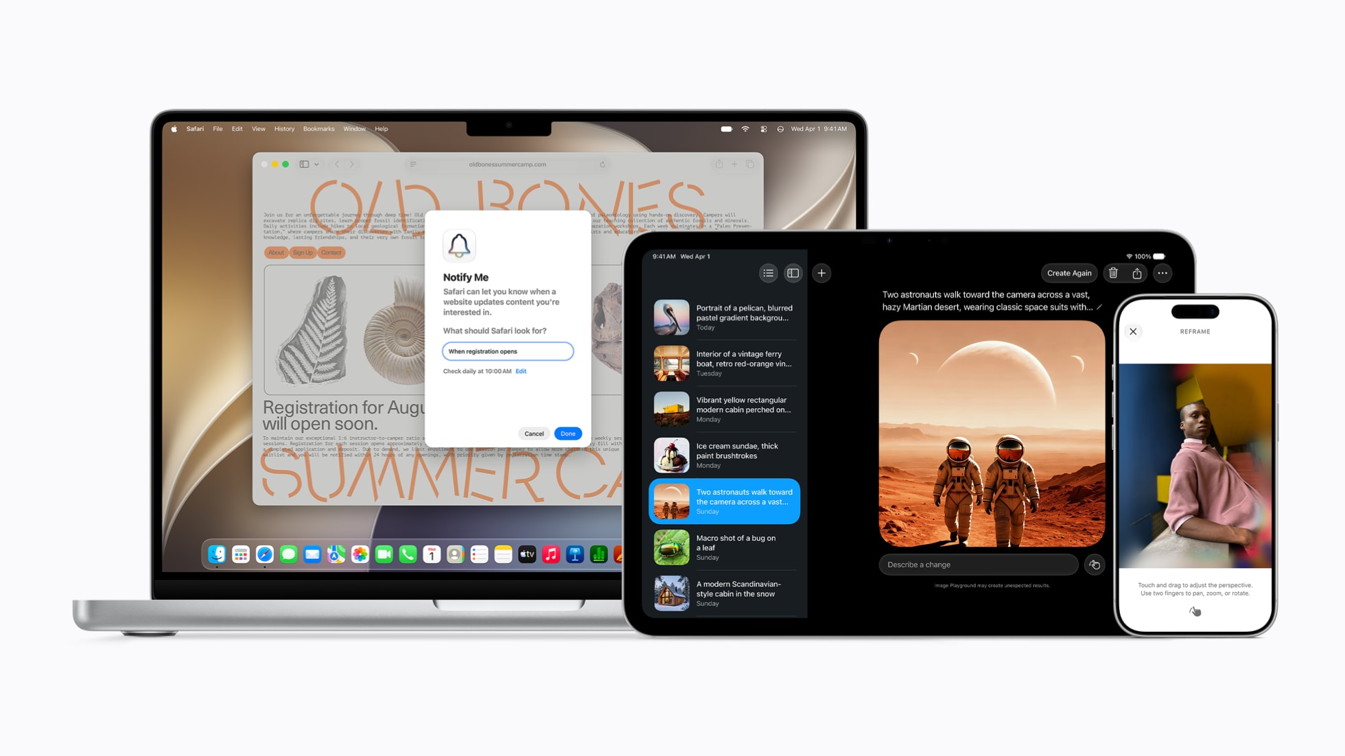 Apple Vision Pro, MacBook Pro, iPad Pro e iPhone 17 Pro mostrando Apple Intelligence en distintas apps