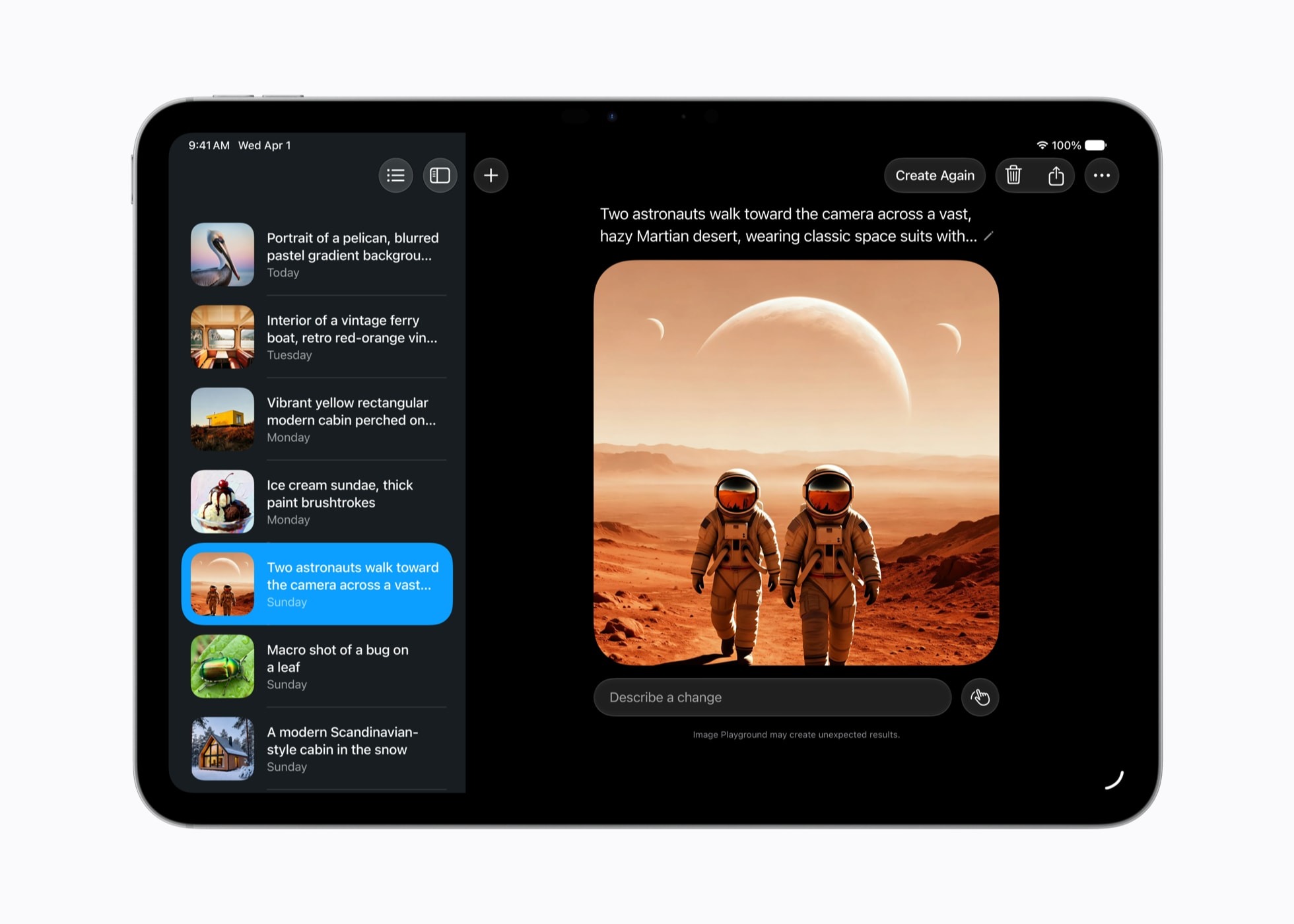 Image Playground en iPadOS 27 generando imagen fotorrealista de dos astronautas en Marte
