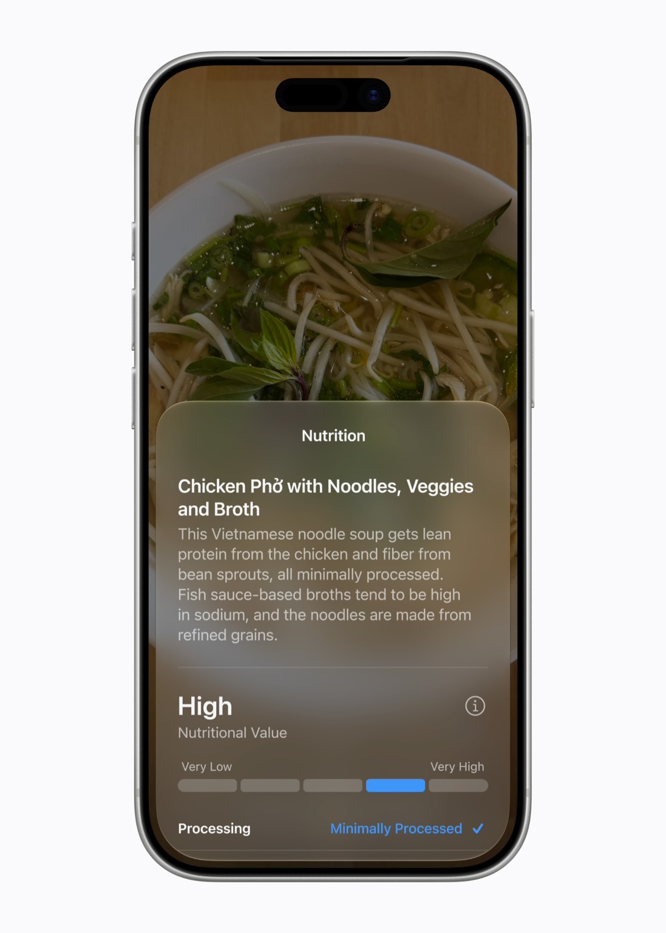 Siri en la Cámara mostrando información nutricional de un plato al apuntar el iPhone